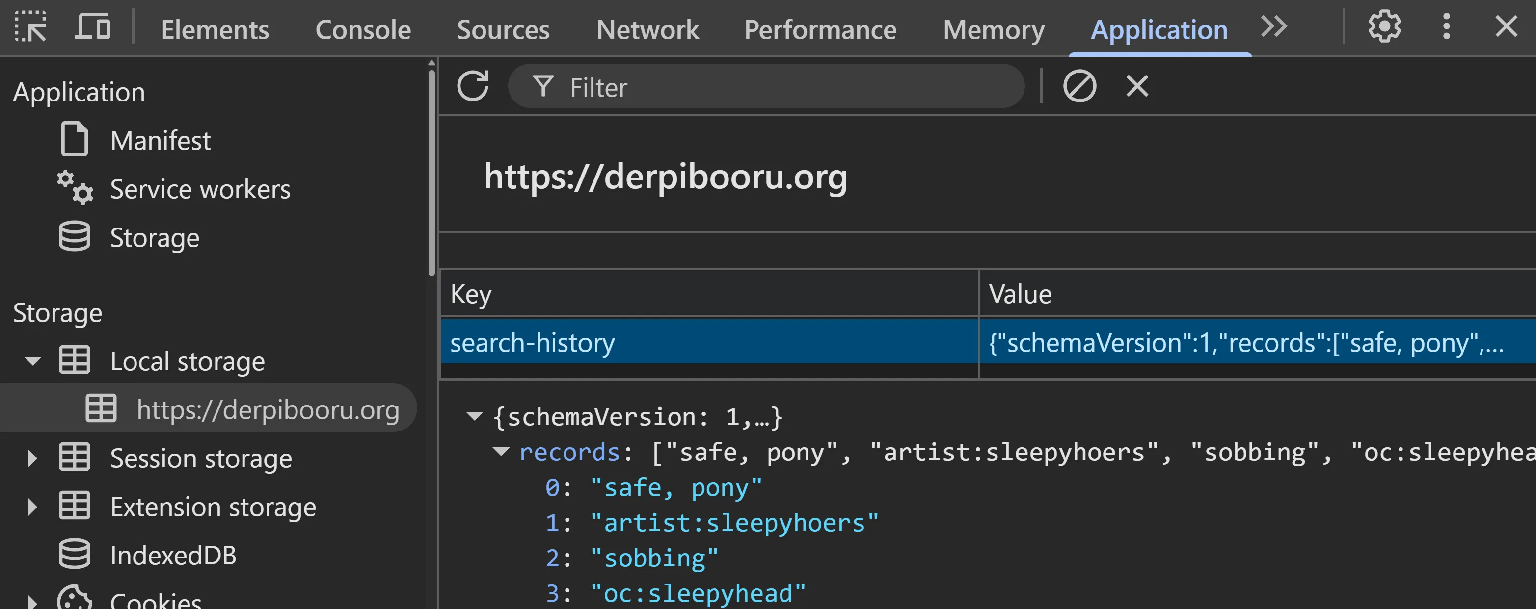 Screenshot of Derpibooru search history in Chrome developer tools