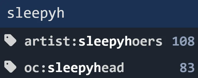 Screenshot of Derpibooru autocompletion showing artist and oc tags without prefixes